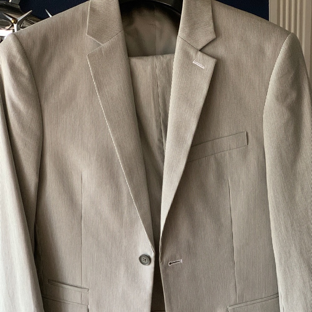 Express men’s white/gray pinstripe suite
